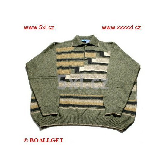 Pánský svetr khaki pruhy s límečkem na 3 knoflíčky 3XL - 4XL