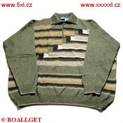 Pánský svetr khaki pruhy s límečkem na 3 knoflíčky 3XL - 4XL