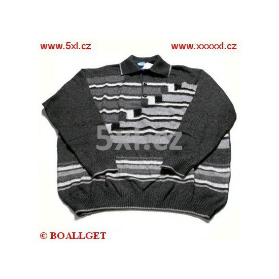 Pánský svetr šedý - pruhy s límečkem na 3 knoflíčky 3XL - 4XL